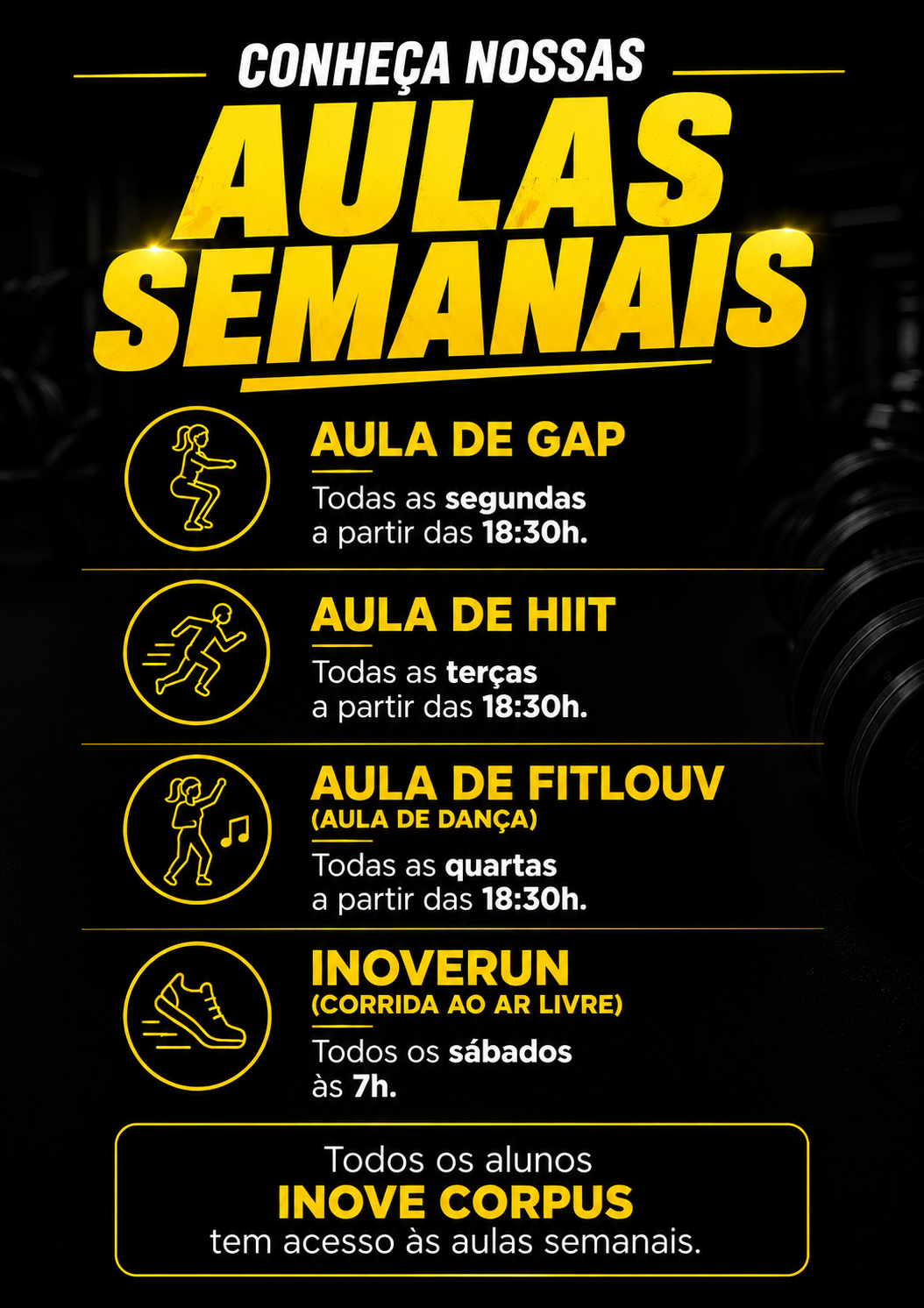 Programação semanal das aulas coletivas da Inove Corpus